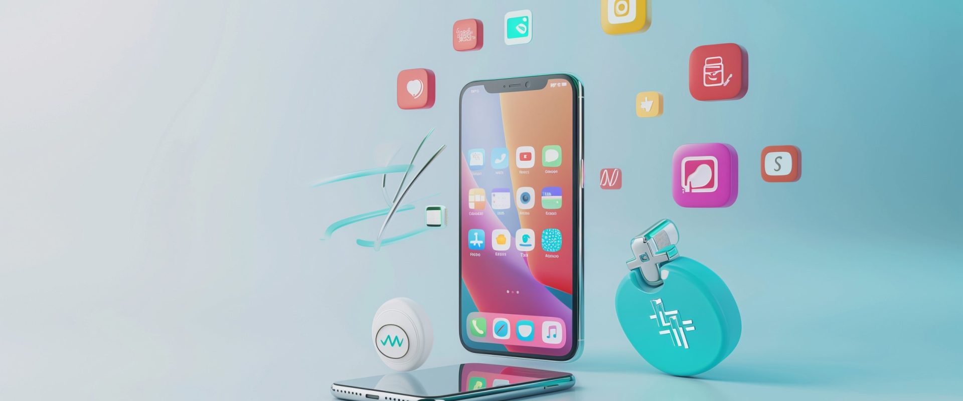 Healthcare, medicine business, health care, online doctor and medical support concept. Realistic smartphone mockup, 3d icons flying over screen. Application development, ui design background. Vector
