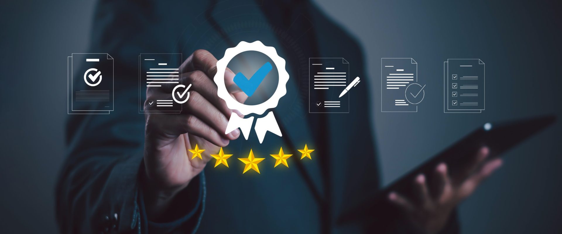 Businessman with digital certification badge five stars, symbolizing quality assurance, standard approval, business excellence, compliance, service rating, customer trust, professional certification.